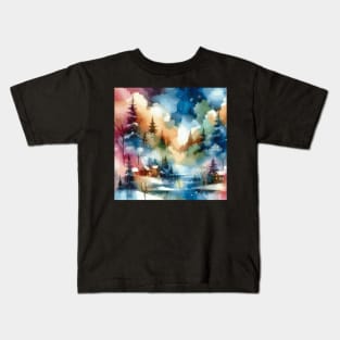 Winter Watercolor Abstract Lakeside Houses Kids T-Shirt